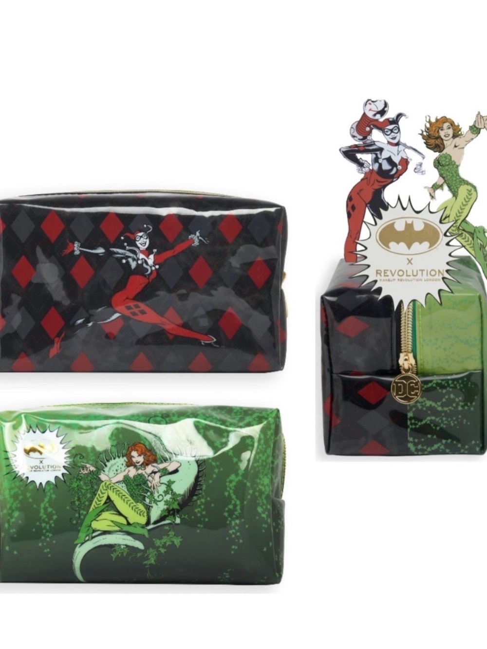 Revolution x DC Harley Quinn & Poison Ivy Cosmetic Bag Set - Black & Green NEW